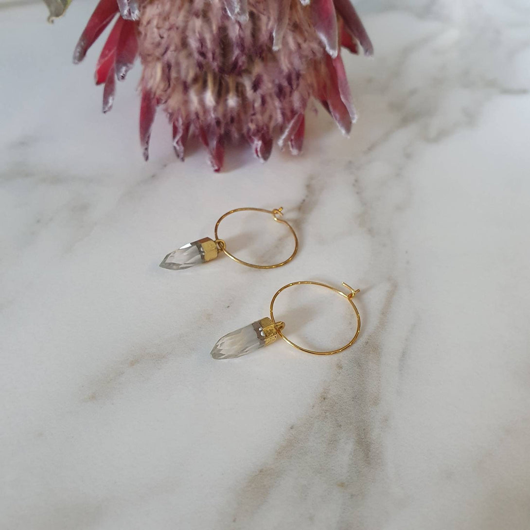 Quartz Diamond Crystal Point Hoop Earrings, Symbolic April Birthstone Jewellery