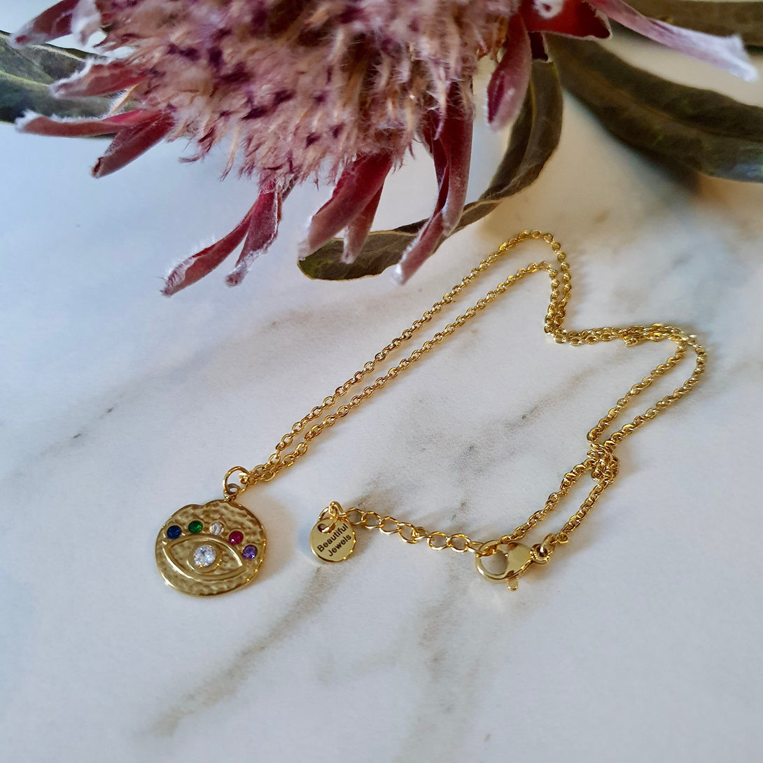 Gold Evil Eye Necklace With Coloured Crystals, Symbolic, Protective Jewellery