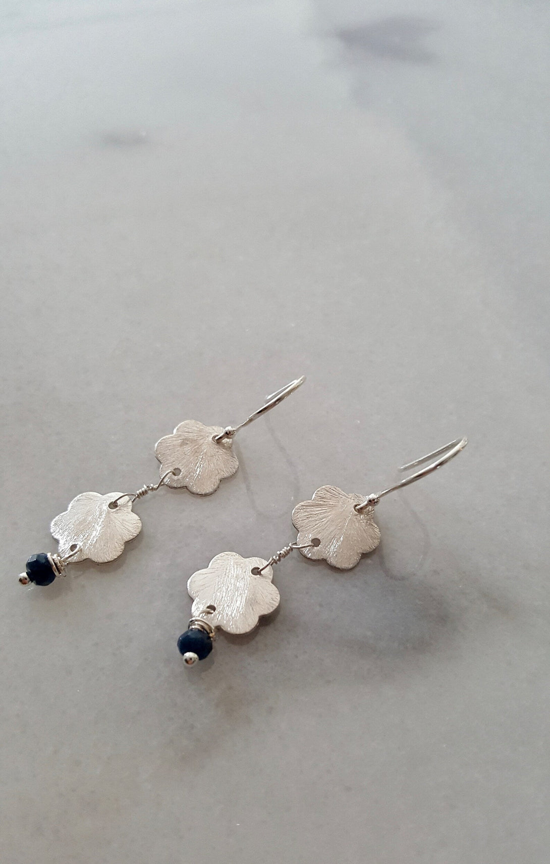 Hammered Metal Gold Flower And Sapphire Drop Earrings, September Birthstone Jewellery