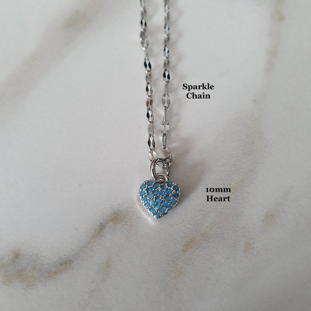 Silver And Turquoise Heart Necklace On A Sparkle Chain, Symbolic Gifts Of Love, Protective Birthstone Jewellery