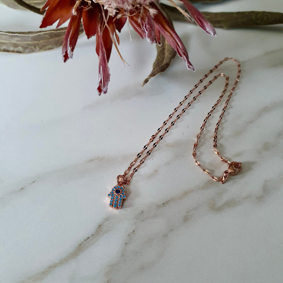 Turquoise Hamsa Necklace On A Rose Gold Sparkle Chain, Symbolic, Protective, December Birthstone Jewellery, Hand Of Fatima