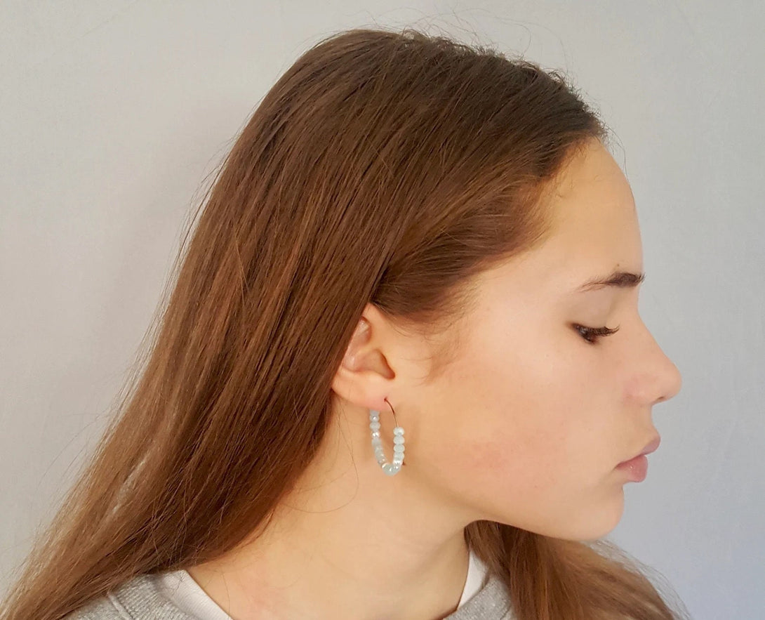 Blue Chalcedony And Pearl Hoop Earrings, June Birthstone