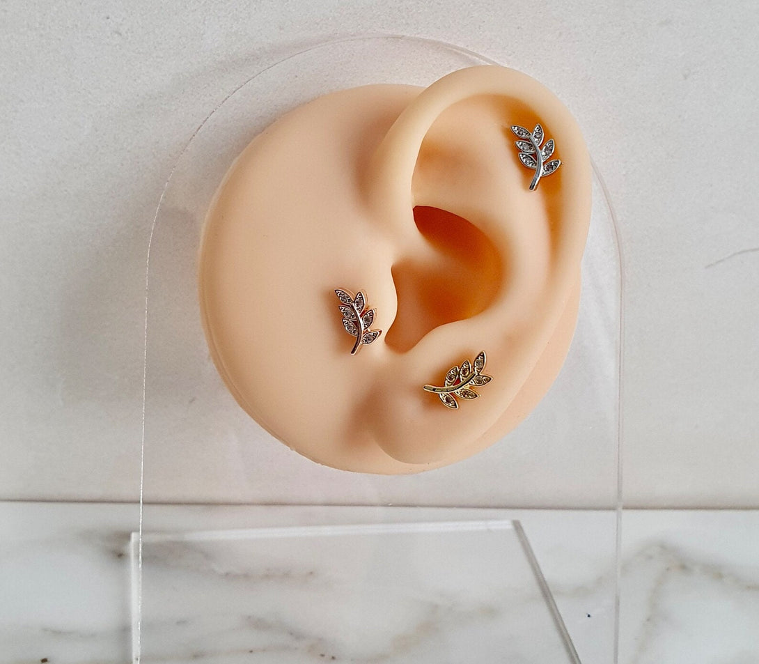 Pave Leaf Helix, Cartilage, Conch, Lobe Flat Back Piercing, Stud Earring