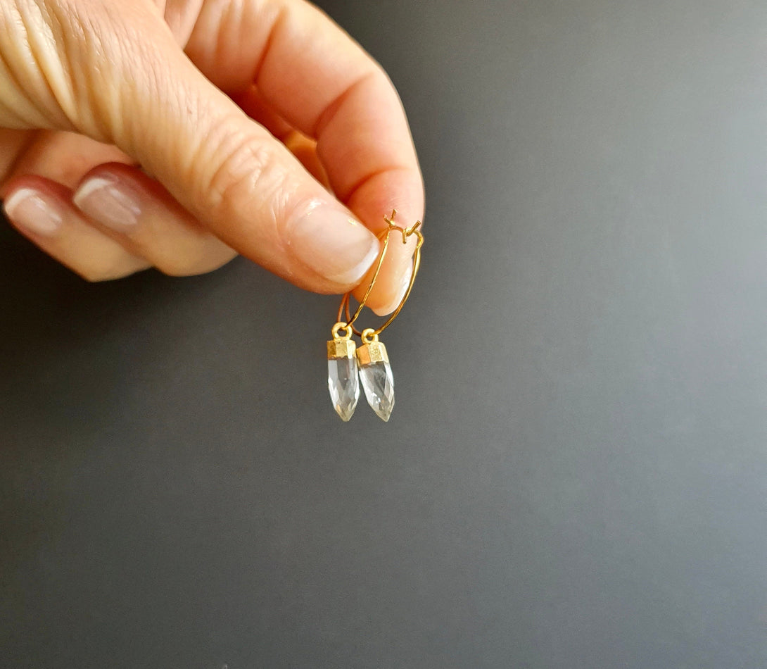 Quartz Diamond Crystal Point Hoop Earrings, Symbolic April Birthstone Jewellery