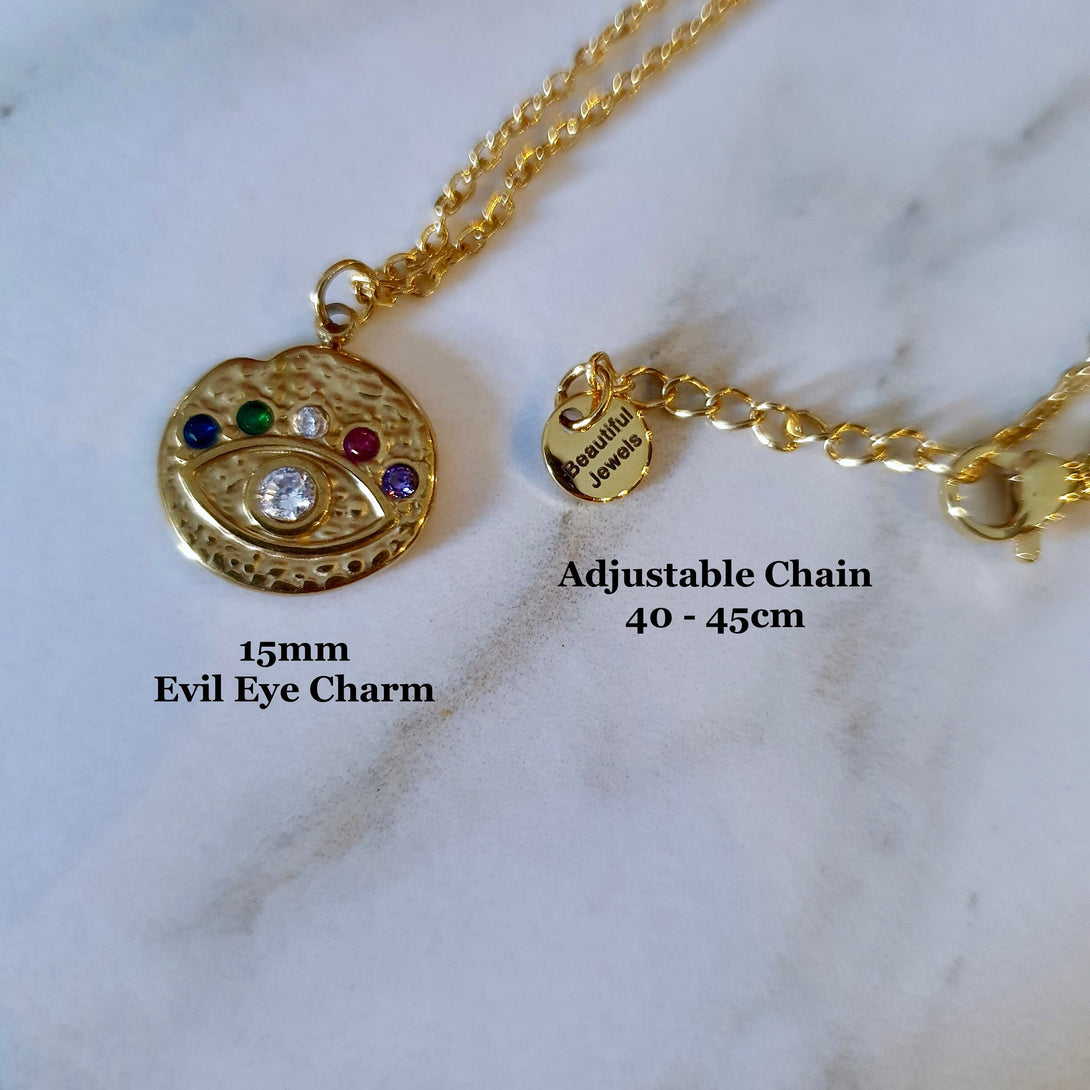 Gold Evil Eye Necklace With Coloured Crystals, Symbolic, Protective Jewellery