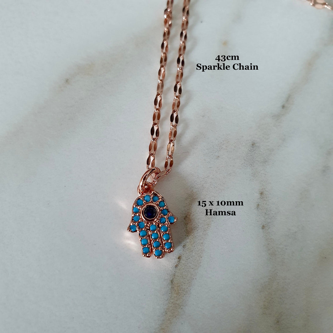 Turquoise Hamsa Necklace On A Rose Gold Sparkle Chain, Symbolic, Protective, December Birthstone Jewellery, Hand Of Fatima