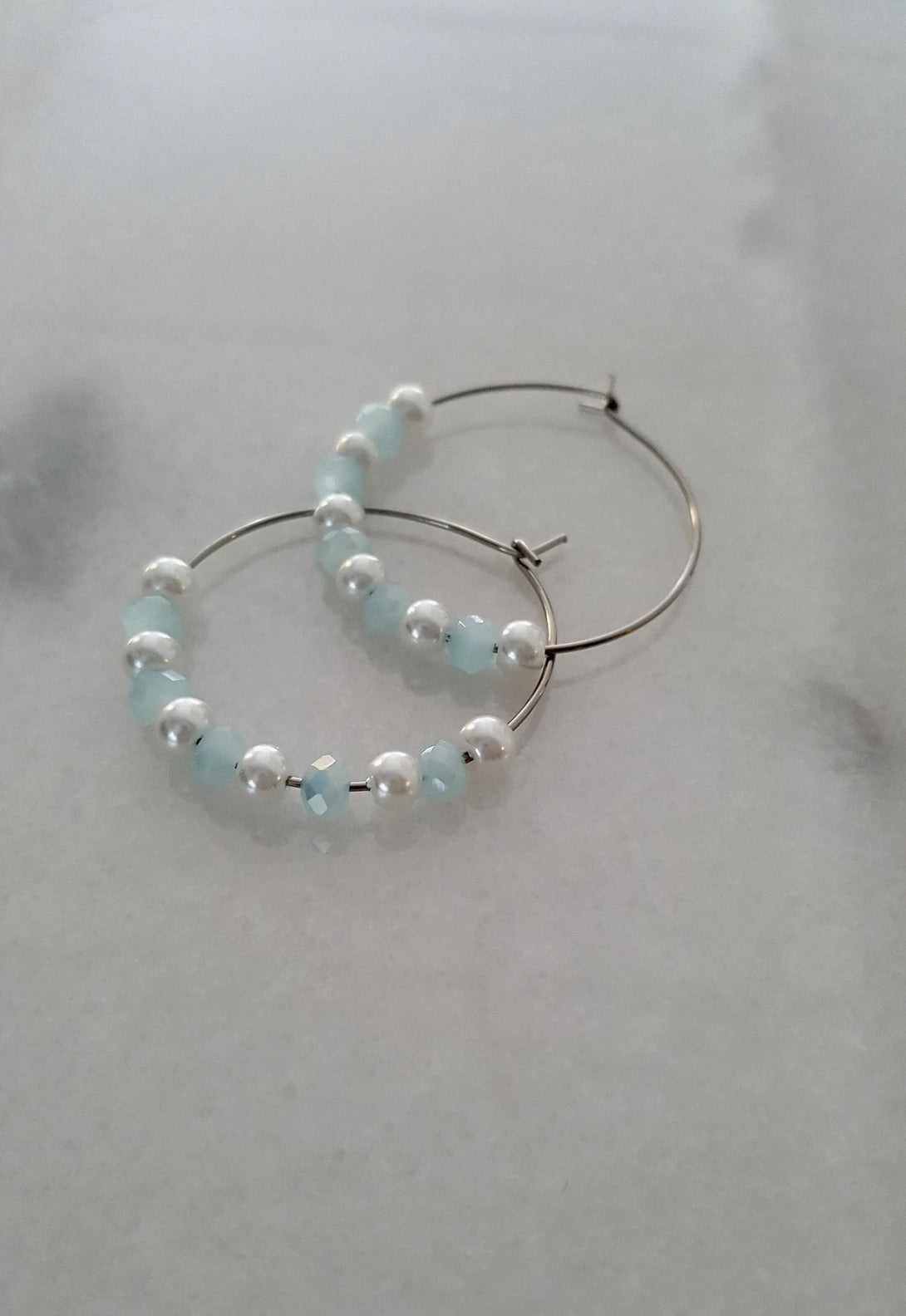 Blue Chalcedony And Pearl Hoop Earrings, June Birthstone