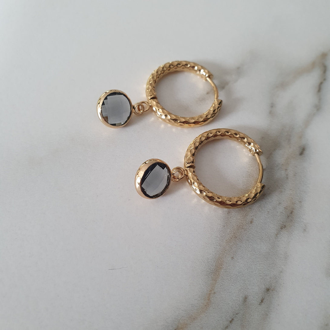 Hammered Titanium Gold Hoop Earrings With Blue/Grey Crystal Charm, Hypoallergenic Light Hoops