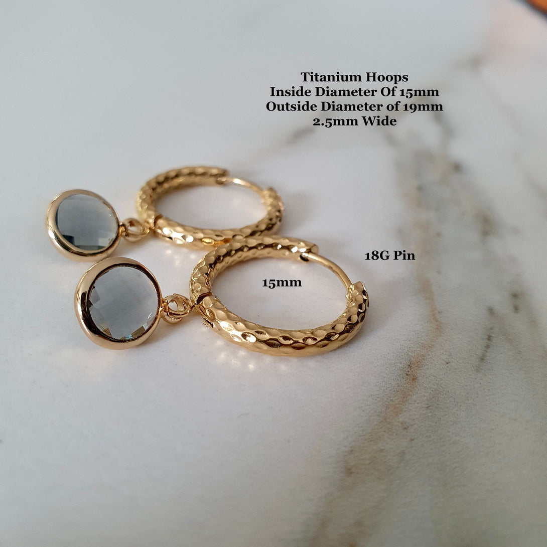 Hammered Titanium Gold Hoop Earrings With Blue/Grey Crystal Charm, Hypoallergenic Light Hoops