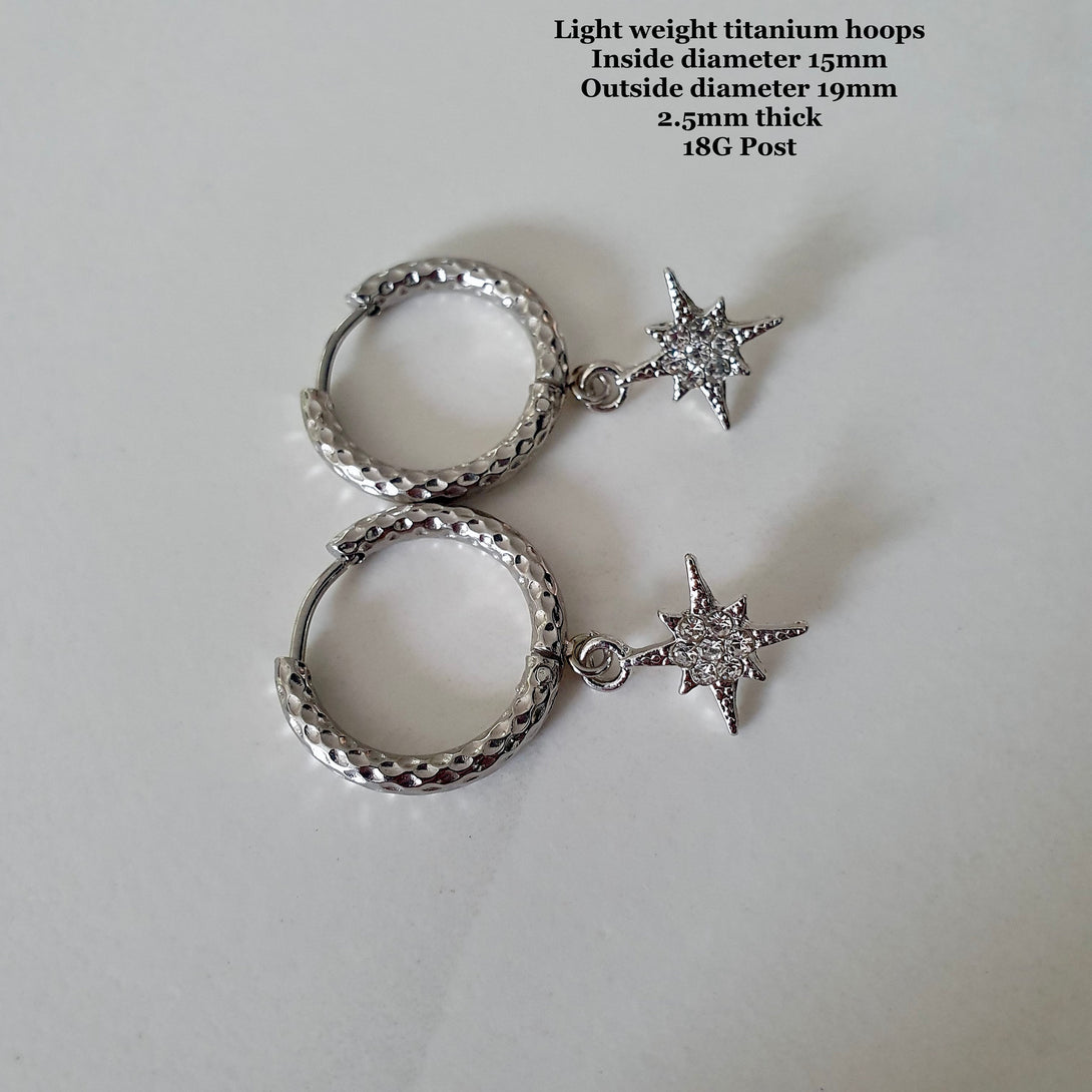 Hammered Titanium Hoop Earrings With Morning Star Charms, Symbolic Hypoallergenic Jewellery