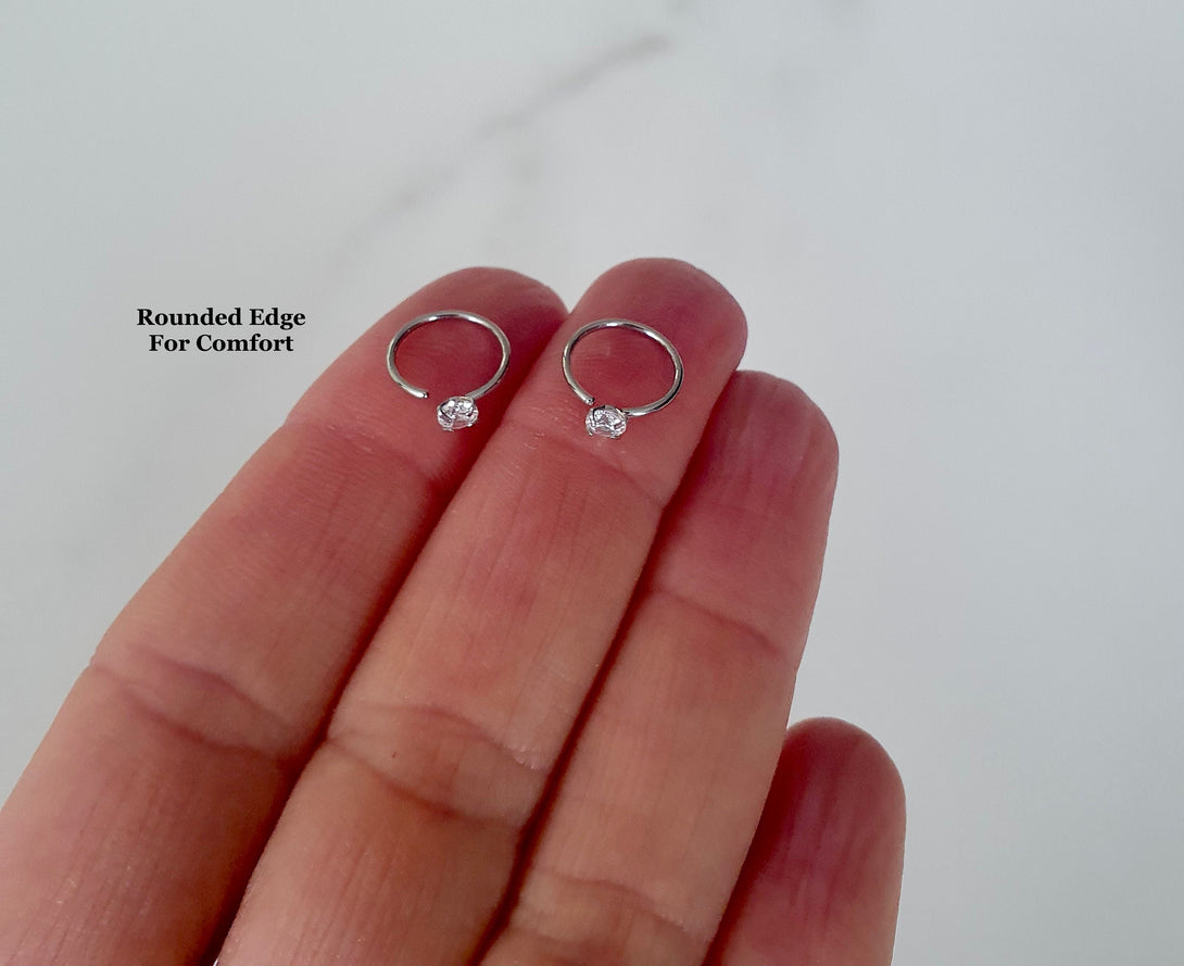 Single Titanium Open Huggie, Tiny CZ Open Hoop Earring, Lobe, Nose Piercing, Mini Hug Hoop, Dainty Sparkle Hoop In Silver Or Gold