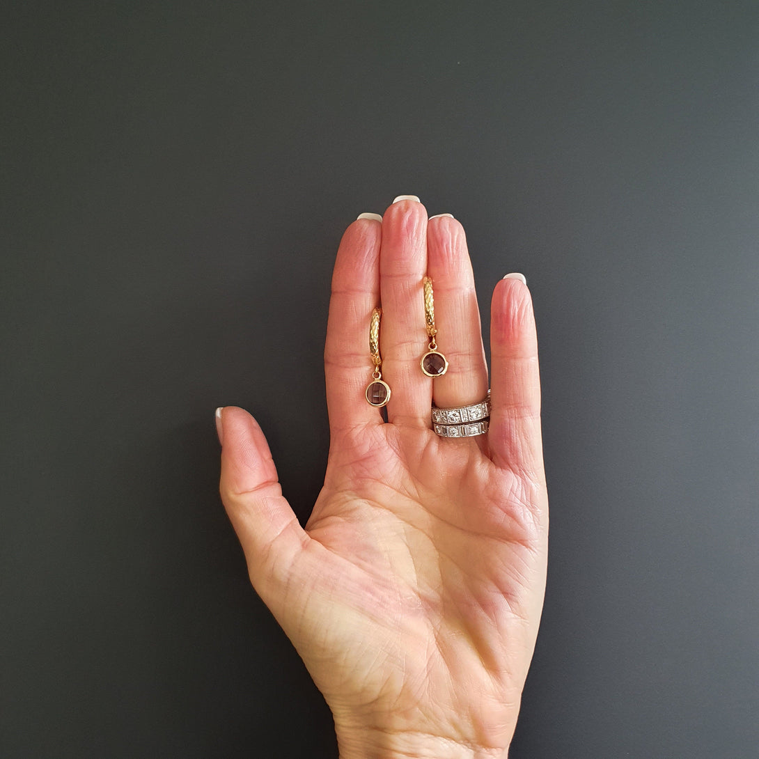 Hammered Titanium Gold Hoop Earrings With Blue/Grey Crystal Charm, Hypoallergenic Light Hoops