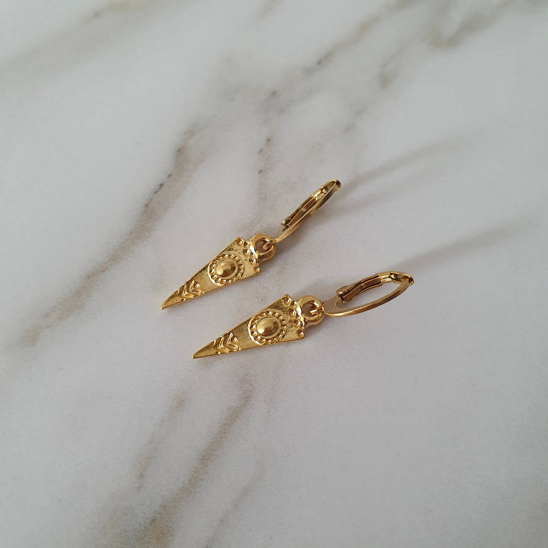 Gold African Tribal Shield Drop Earrings