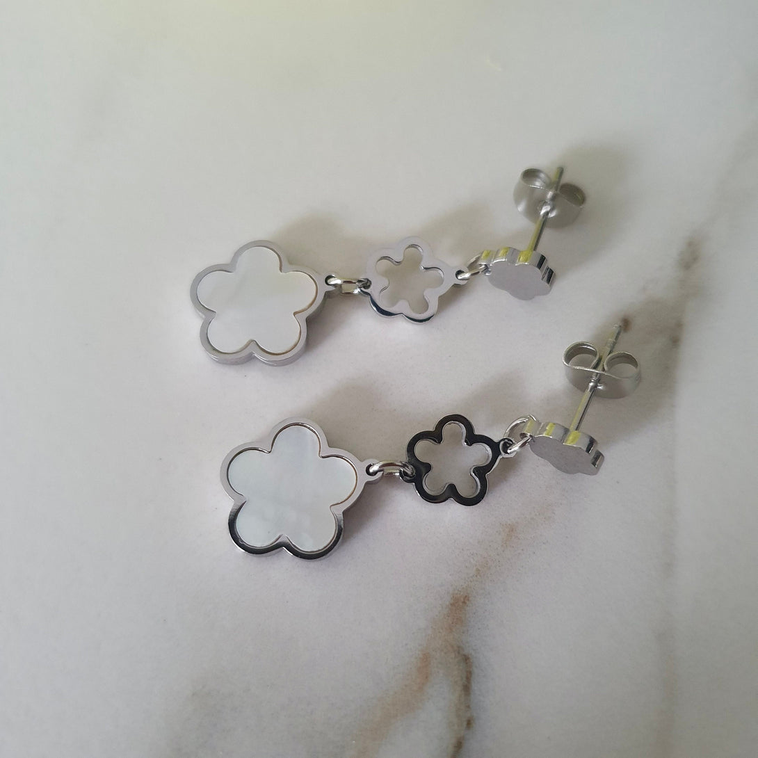 Titanium And Mother Of Pearl Four Leaf Clover Drop Earrings, Symbolic Jewellery, June Birthstone