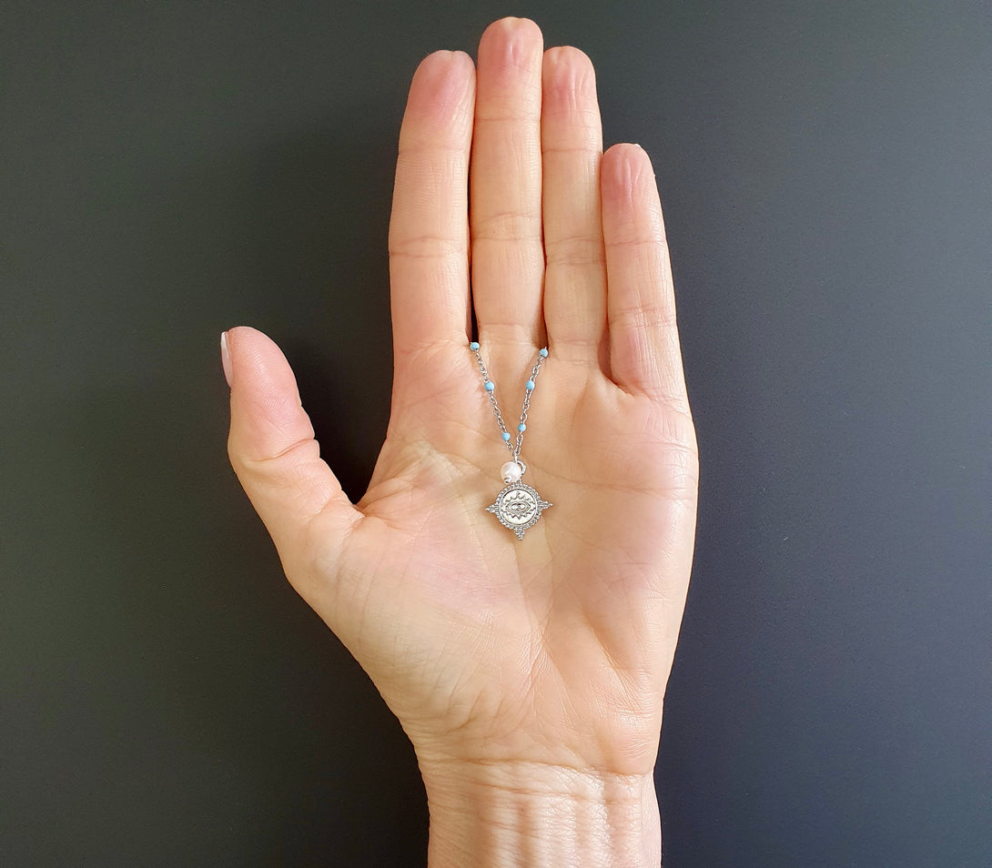 Dainty Enamel Dot Chain With Evil Eye Charm And Pearl, Protective June Birthstone Jewellery