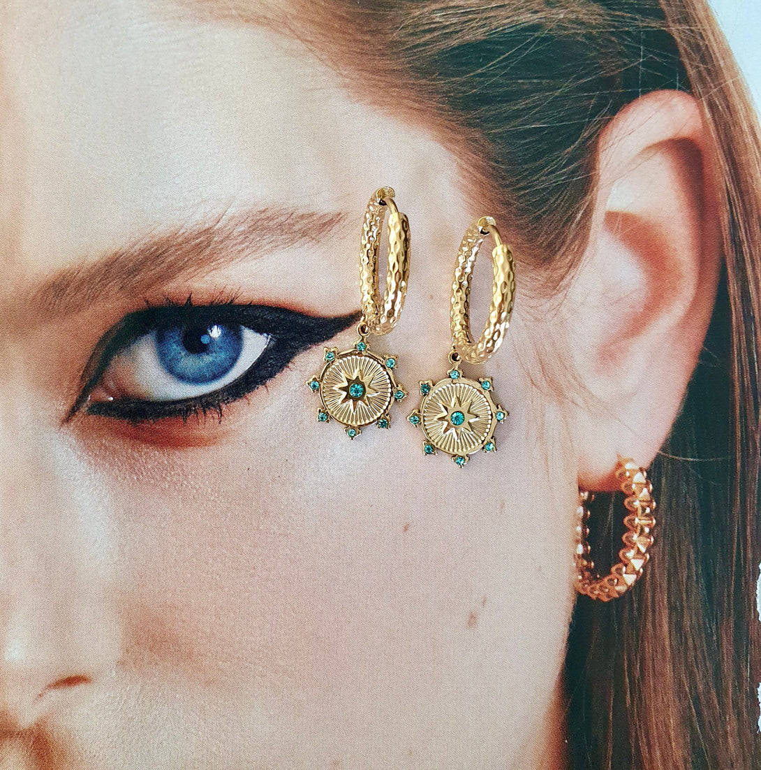 Gold Titanium Hoop Earrings With Turquoise Star Charms, Hypoallergenic Symbolic Jewellery