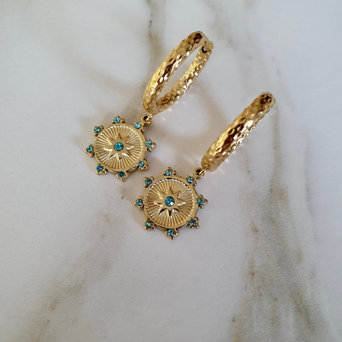 Gold Titanium Hoop Earrings With Turquoise Star Charms, Hypoallergenic Symbolic Jewellery