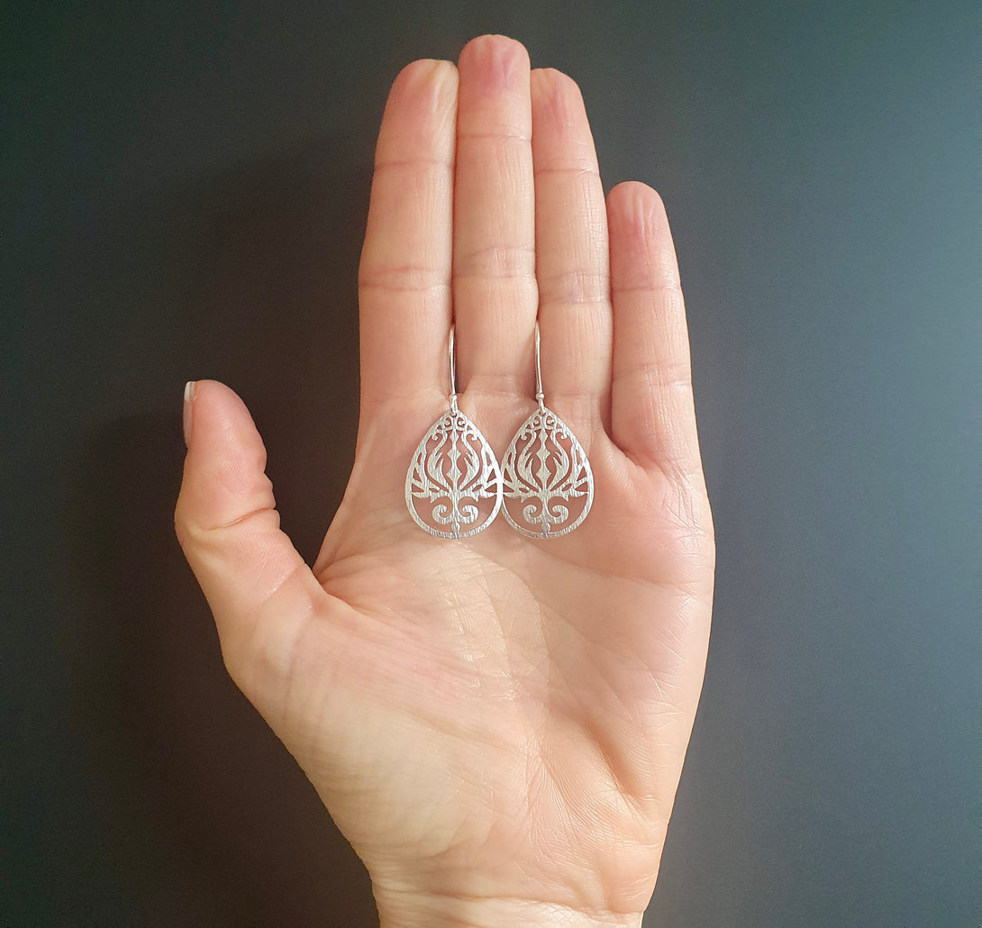 Pewter And Sterling Silver Filigree Drop Earrings