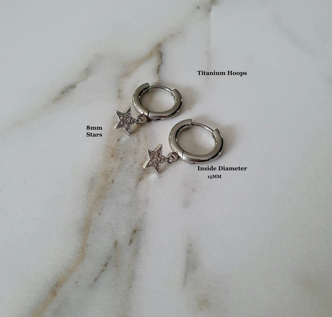 Titanium Hoop Morning Star Charm Earrings, Symbolic Jewellery