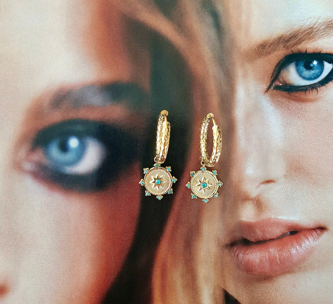 Gold Titanium Hoop Earrings With Turquoise Star Charms, Hypoallergenic Symbolic Jewellery