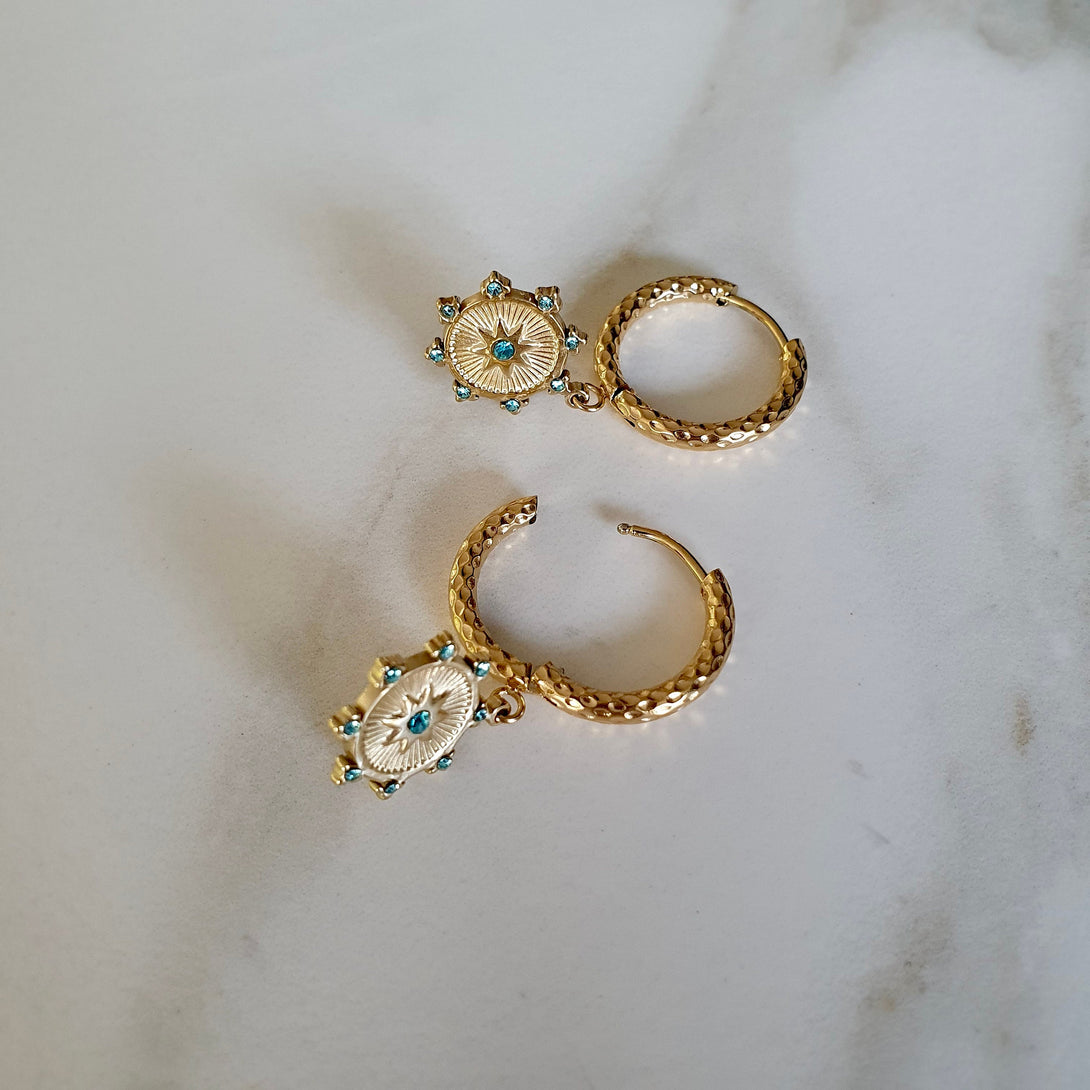 Gold Titanium Hoop Earrings With Turquoise Star Charms, Hypoallergenic Symbolic Jewellery