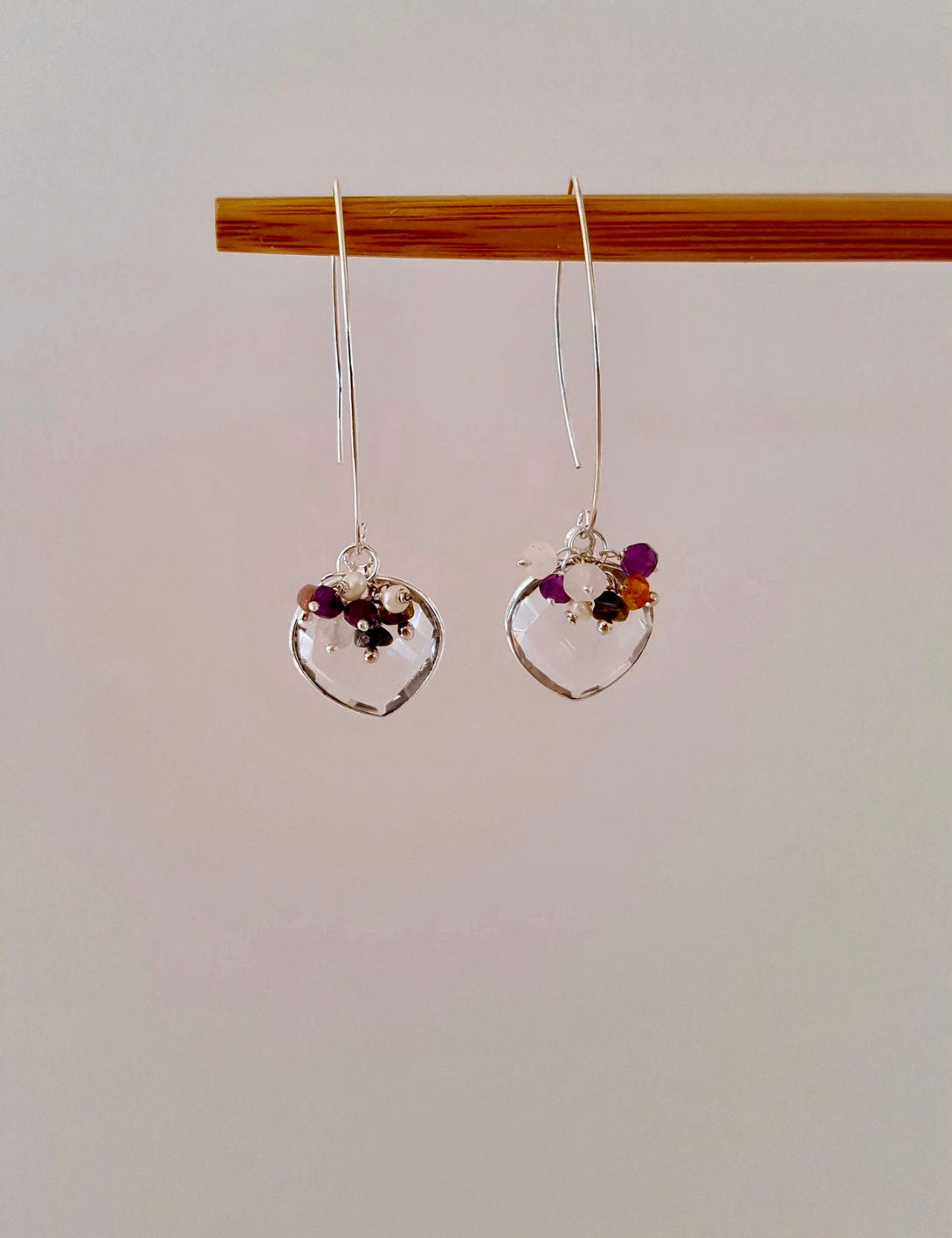 Heart Shape Quartz Cluster Drop Earrings, April Birthstone Jewellery