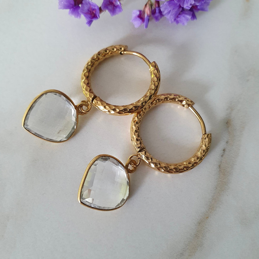 Titanium Gold Hoops With Heart Shape Clear Quartz Crystal Charm, Symbolic April Birthstone Jewellery