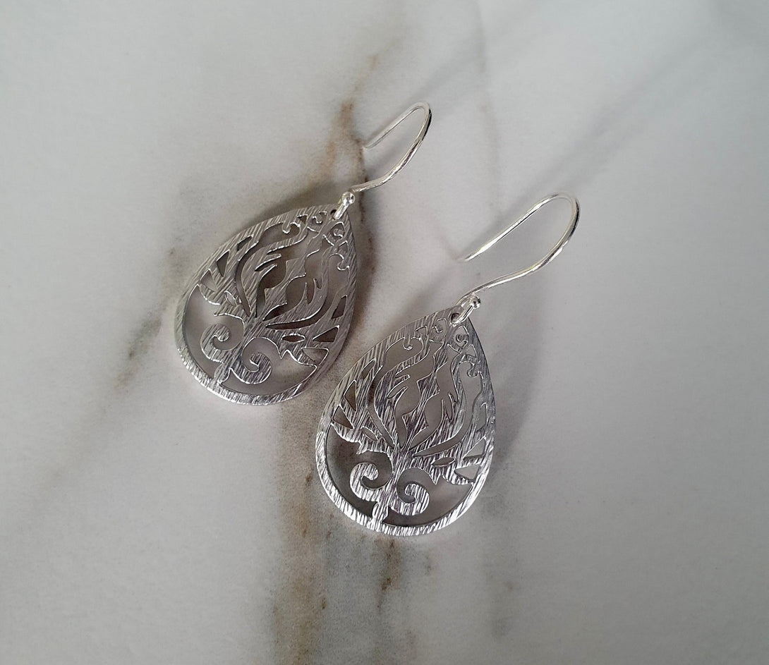 Pewter And Sterling Silver Filigree Drop Earrings