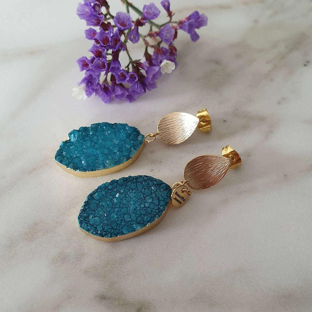 Blue Druzzy Quartz And Resin Drop Earrings, Bridal Blue, Healing Boho Jewellery