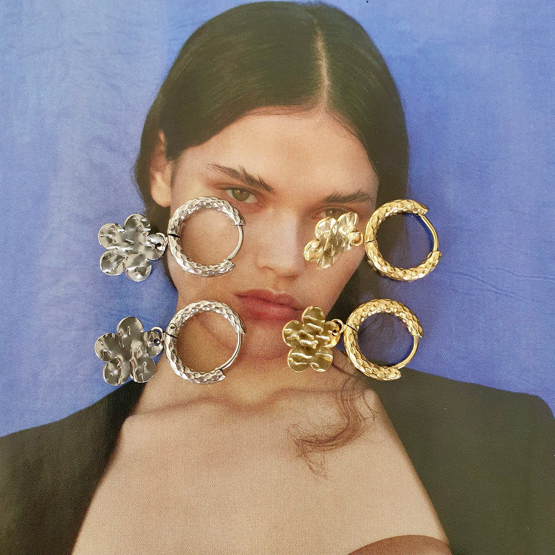 Titanium Hoop Earrings With Flower Charms, Symbolic Jewellery