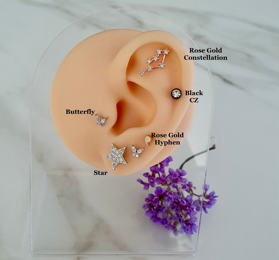 Helix, Daith, Traugus Lobe, Rook, Labret And Ear Piercings In Surgical Steel, Butterfly, Star, Constellation, Hyphen, CZ Barbell Piercings