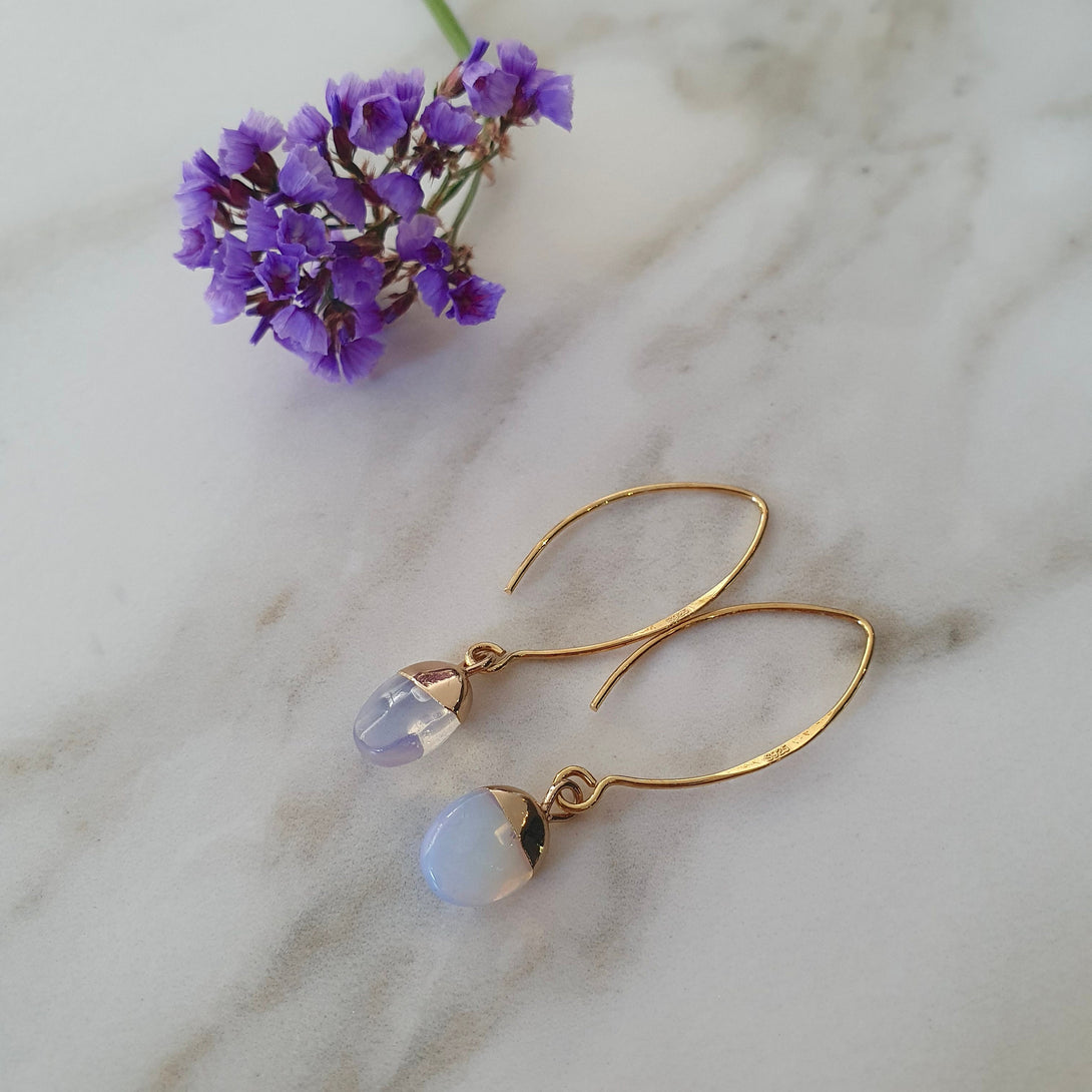 Opal Threader Earrings In Gold Plated Sterling Silver, Protective October Birthstone Jewellery