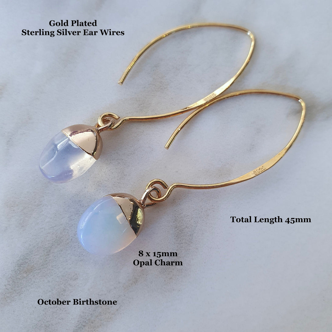 Opal Threader Earrings In Gold Plated Sterling Silver, Protective October Birthstone Jewellery