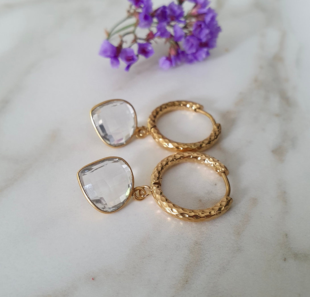 Titanium Gold Hoops With Heart Shape Clear Quartz Crystal Charm, Symbolic April Birthstone Jewellery