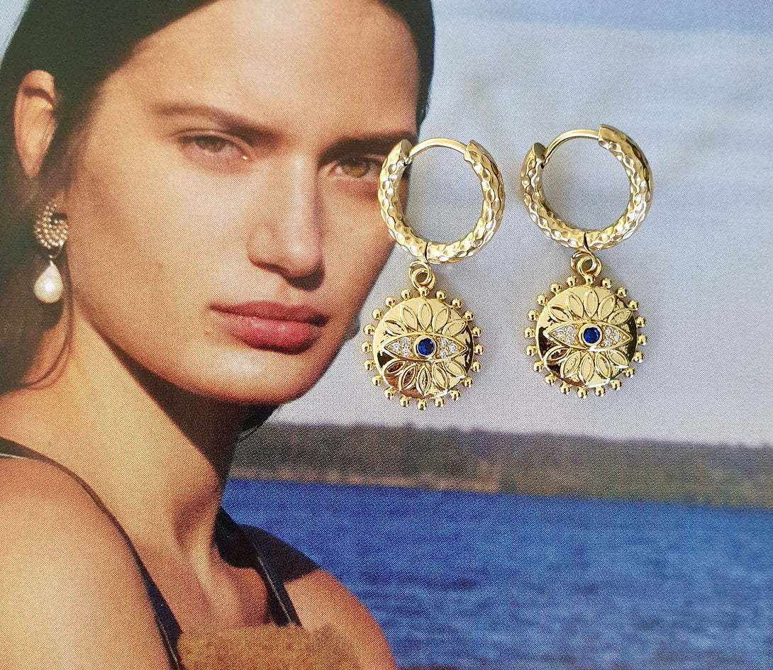 Gold Titanium Hoops With Evil Eye Charms, Protective, Symbolic Jewellery