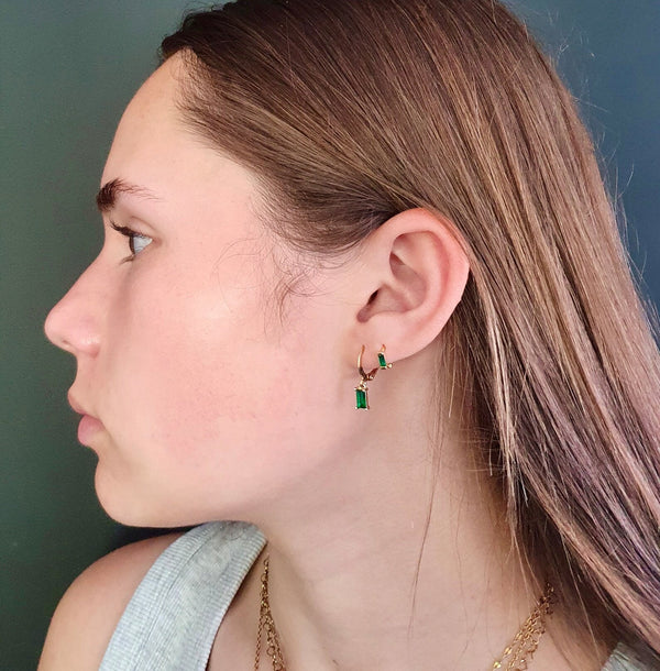 Mini CZ Layer Hoop Earrings In Sterling Silver And Gold, Emerald Green, Sapphire Blue And Clear