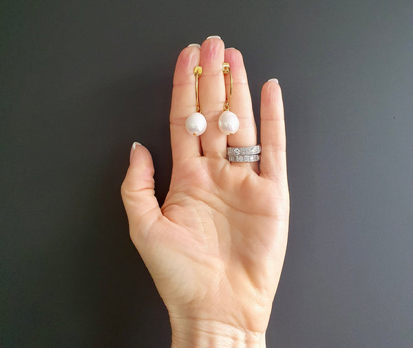 Baroque Pearl Earrings, Minimalist Hoops, June Birthstone Jewellery