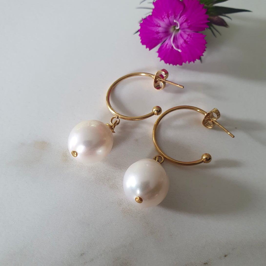 Baroque Pearl Earrings, Minimalist Hoops, June Birthstone Jewellery