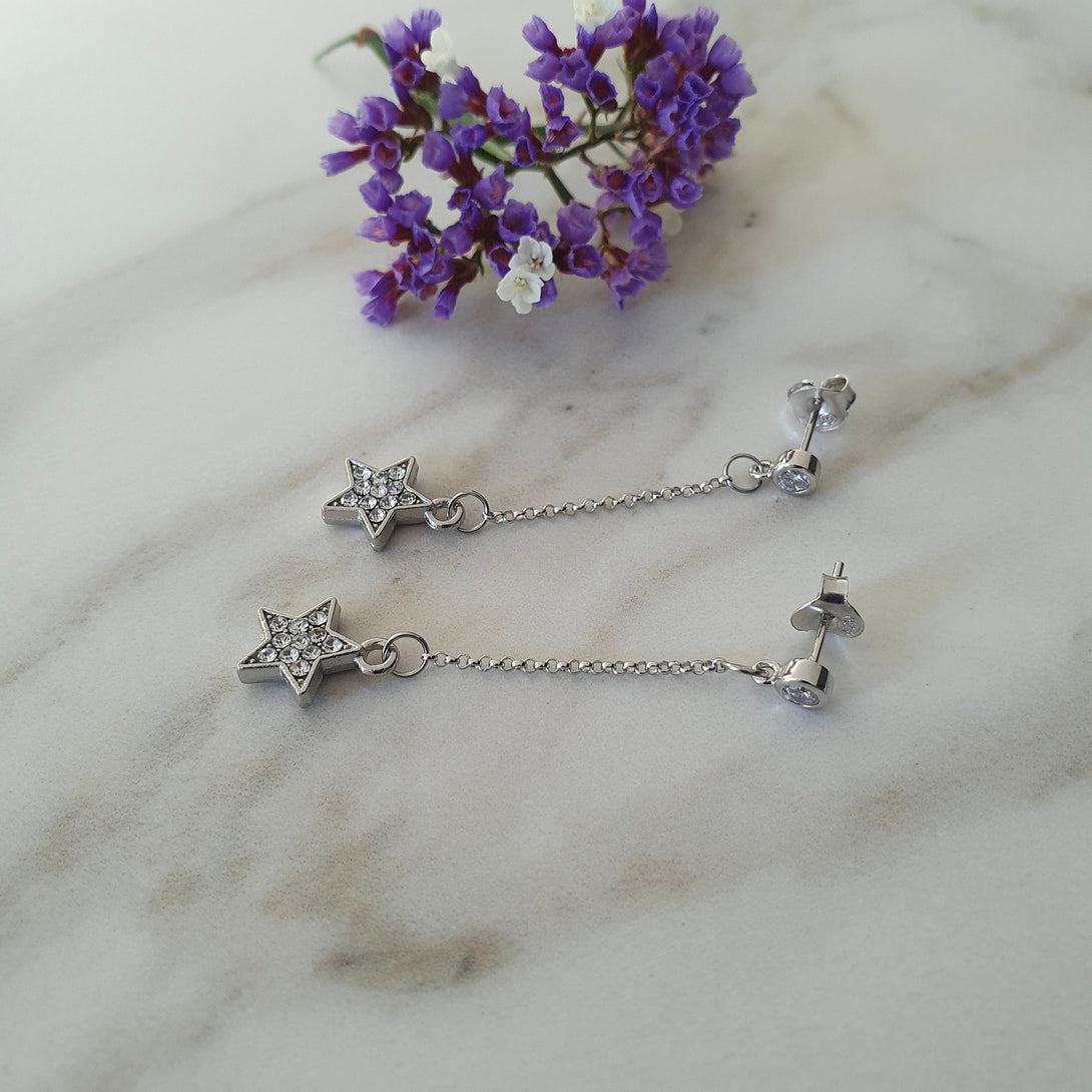 Sterling Silver Chain Drop Earrings With Star Charms, Symbolic Jewellery