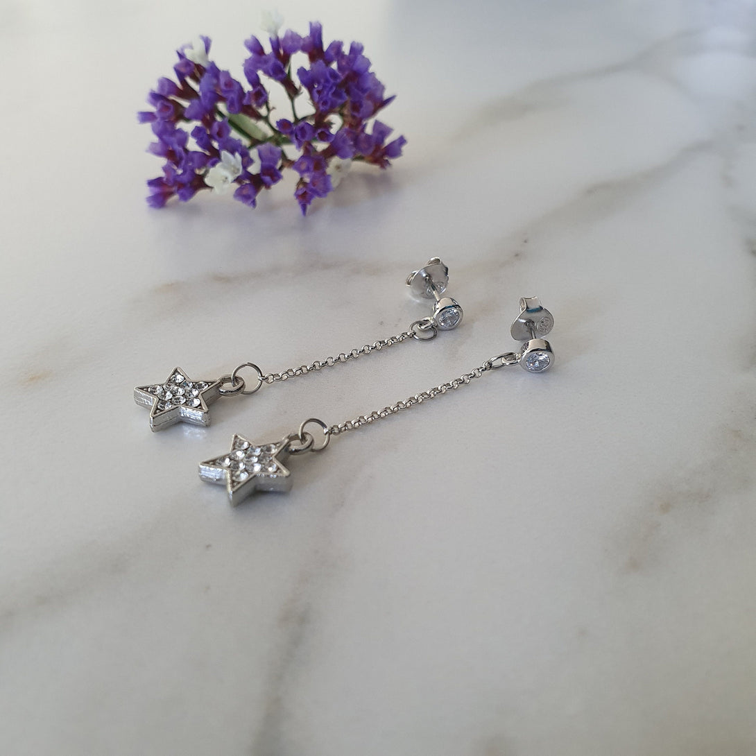 Sterling Silver Chain Drop Earrings With Star Charms, Symbolic Jewellery