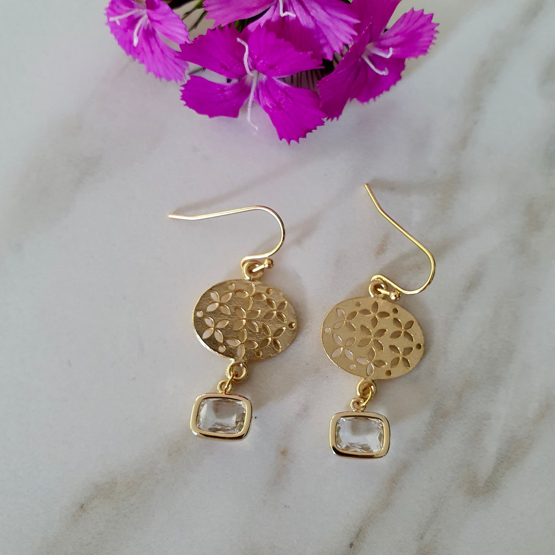 Gold Filigree And Clear Cubic Zirconia Drop Earrings