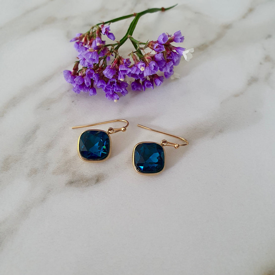 Indigo Crystal Drop Earrings, Bridal Blue Healing Jewellery