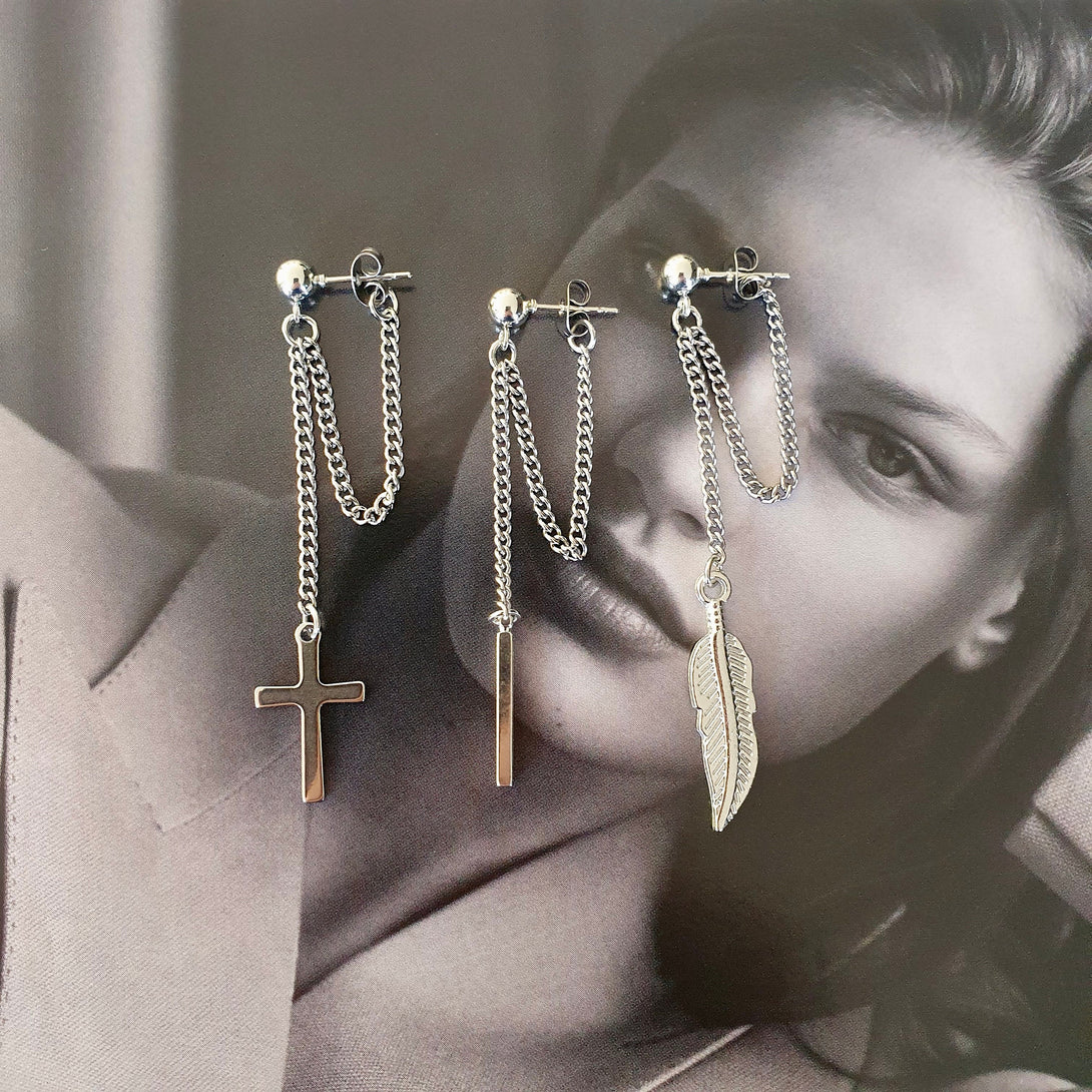 Single Titanium Double Chain Stud Earring, Feather, Bar, Cross Earrings