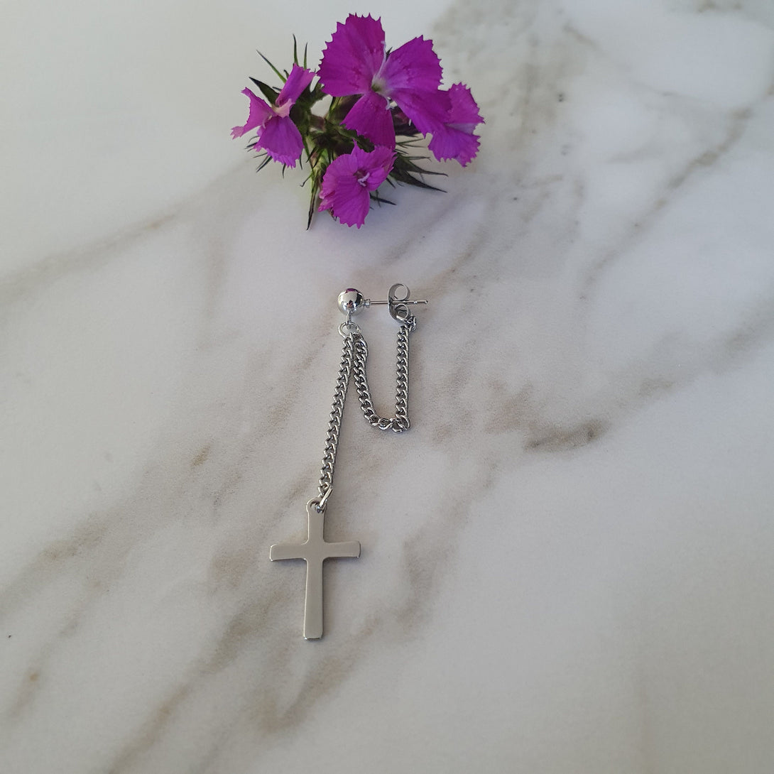 Single Titanium Double Chain Stud Earring, Feather, Bar, Cross Earrings