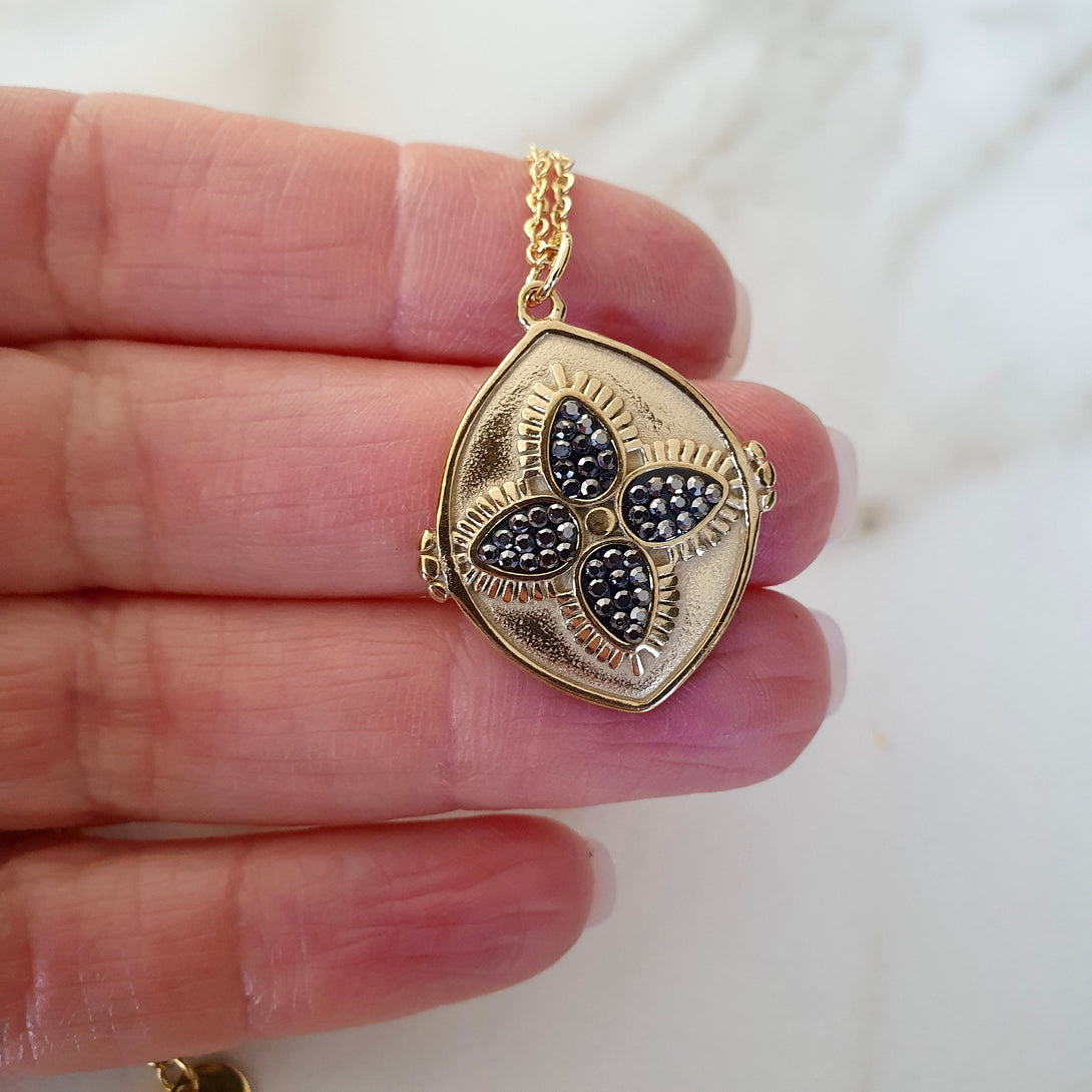 Hematite Four Leaf Clover Gold Charm Necklace, Protective, March And April Birthstone Jewellery