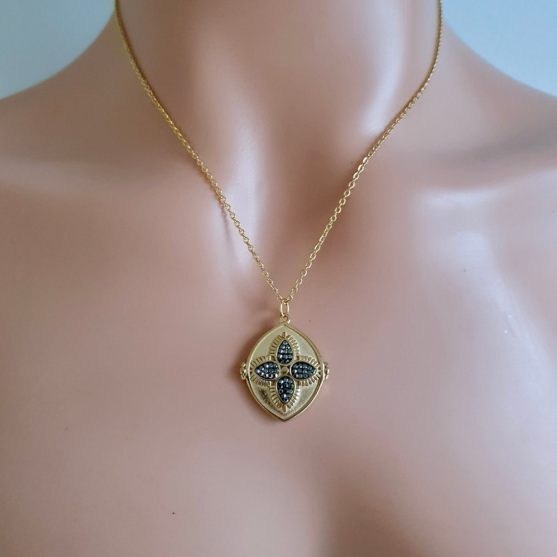 Hematite Four Leaf Clover Gold Charm Necklace, Protective, March And April Birthstone Jewellery