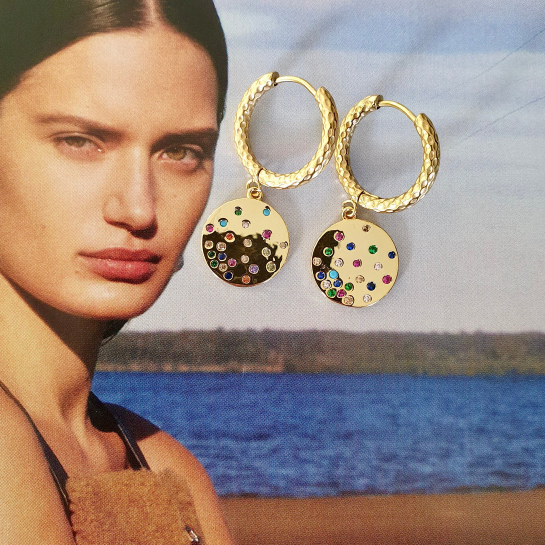 Gold Titanium Hoops With Rainbow Star Constellation Charms, Pride, Protective, Motivating And Spiritual Gifts