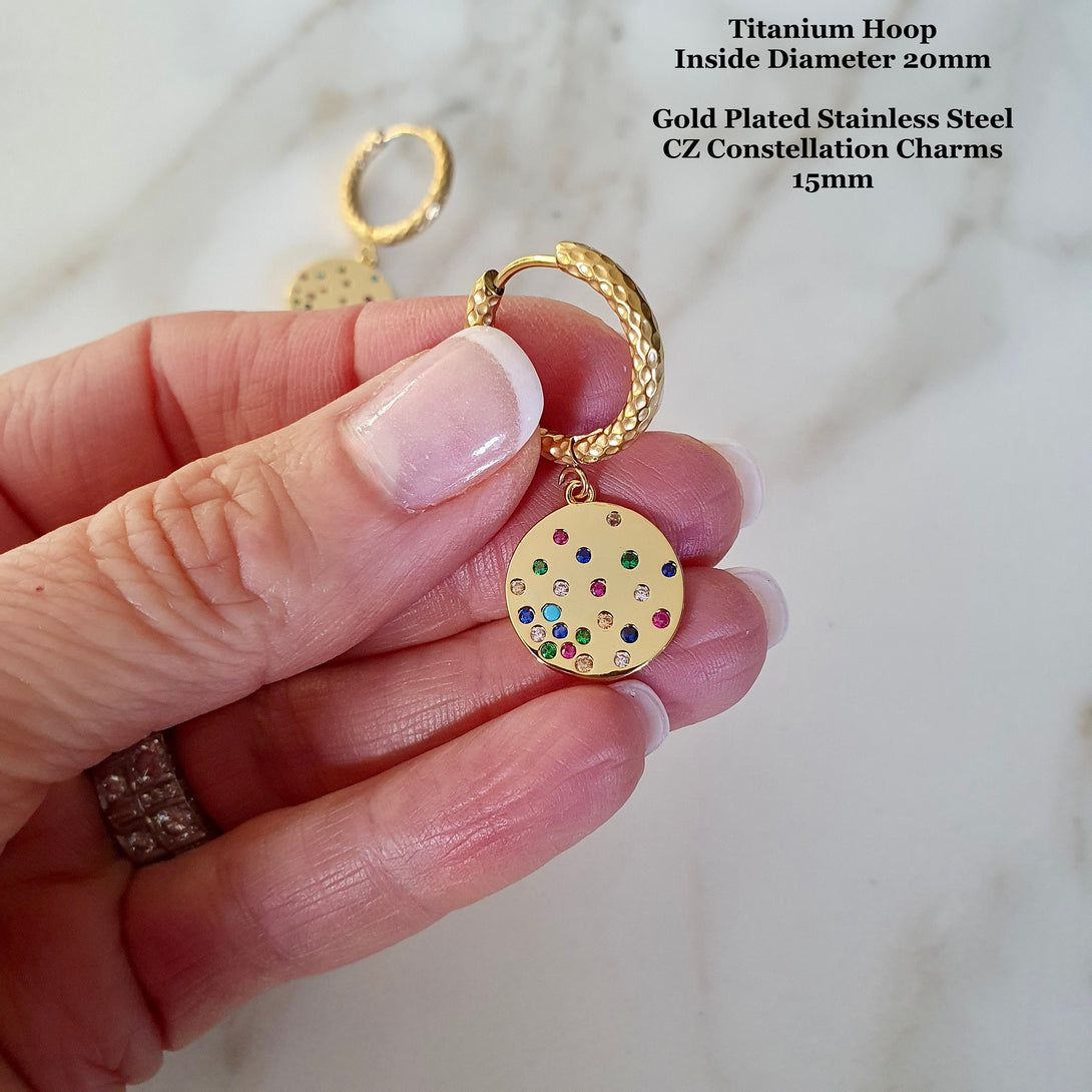 Gold Titanium Hoops With Rainbow Star Constellation Charms, Pride, Protective, Motivating And Spiritual Gifts