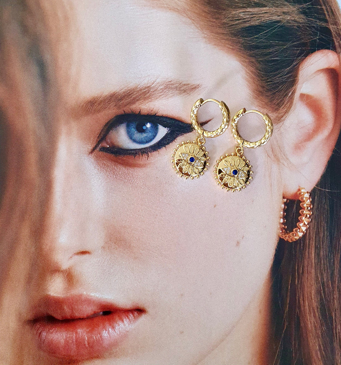 Gold Titanium Hoops With Evil Eye Charms, Protective, Symbolic Jewellery