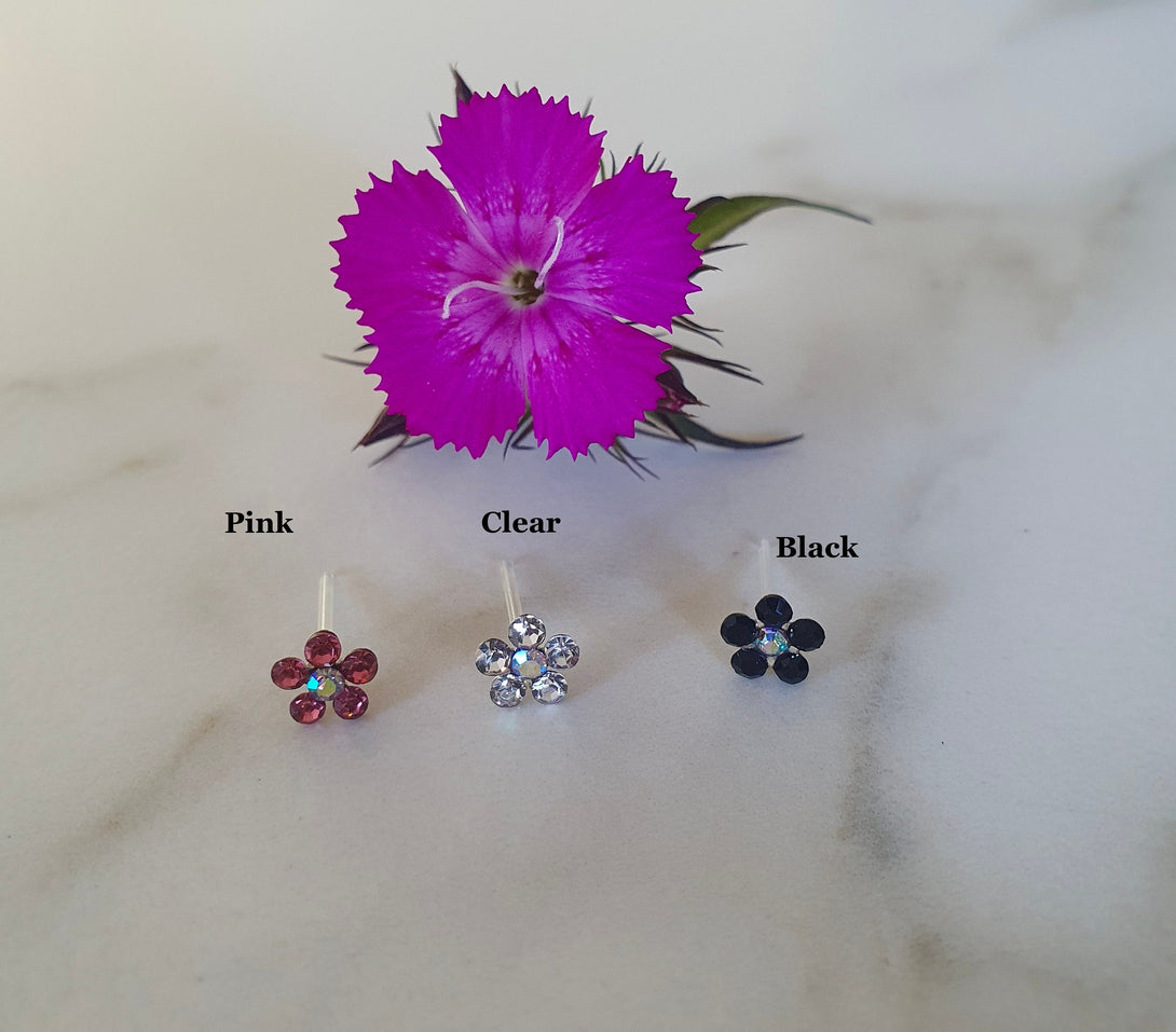 Flexible Bioplast Crystal Flower Lobe, Nose, Labret, Cartilage Stud Piercing, Hypoallergenic Studs, 20G